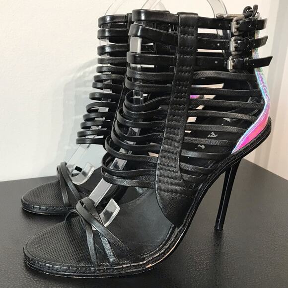 LAMB AB Rainbow Reflective Black Leather Cage Strappy High Heeled Sandals 7.5 - Picture 8 of 16